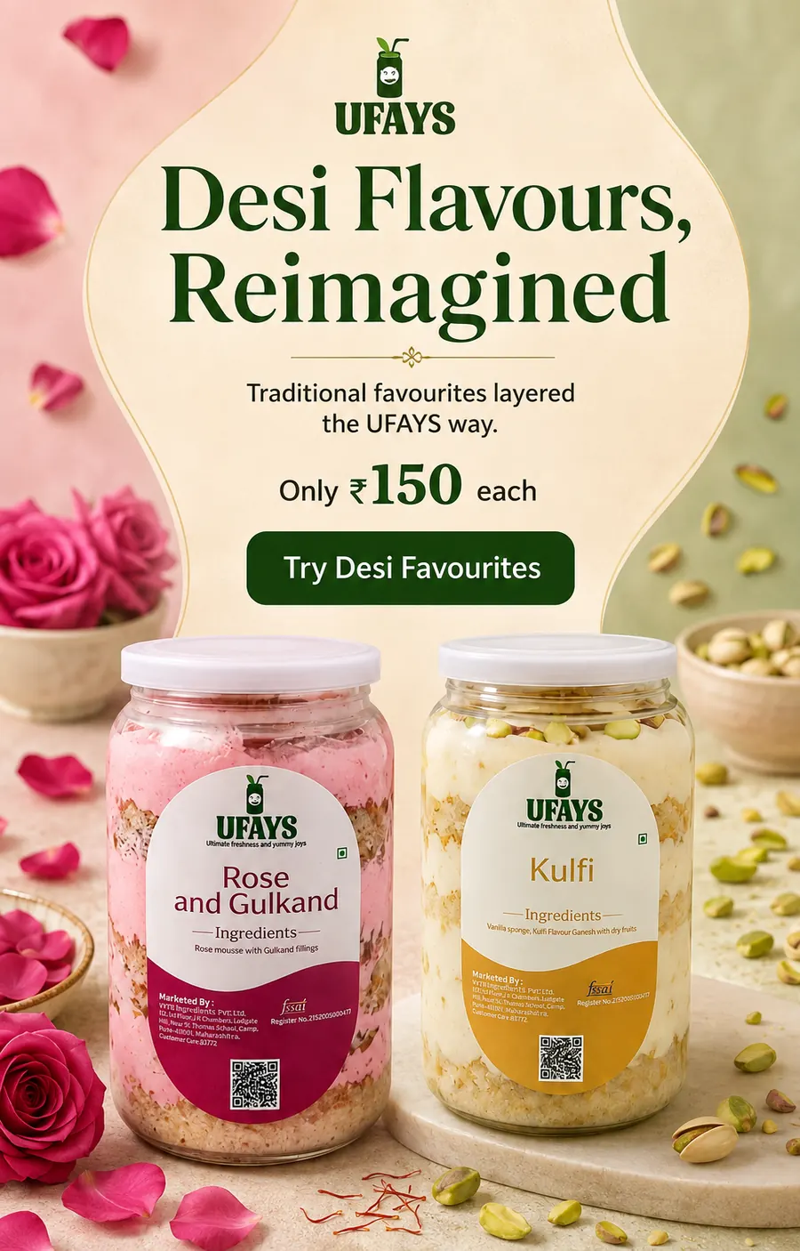 UFAYS — Desi Flavours, Reimagined. Rose and Gulkand and Kulfi jars, only ₹150 each.